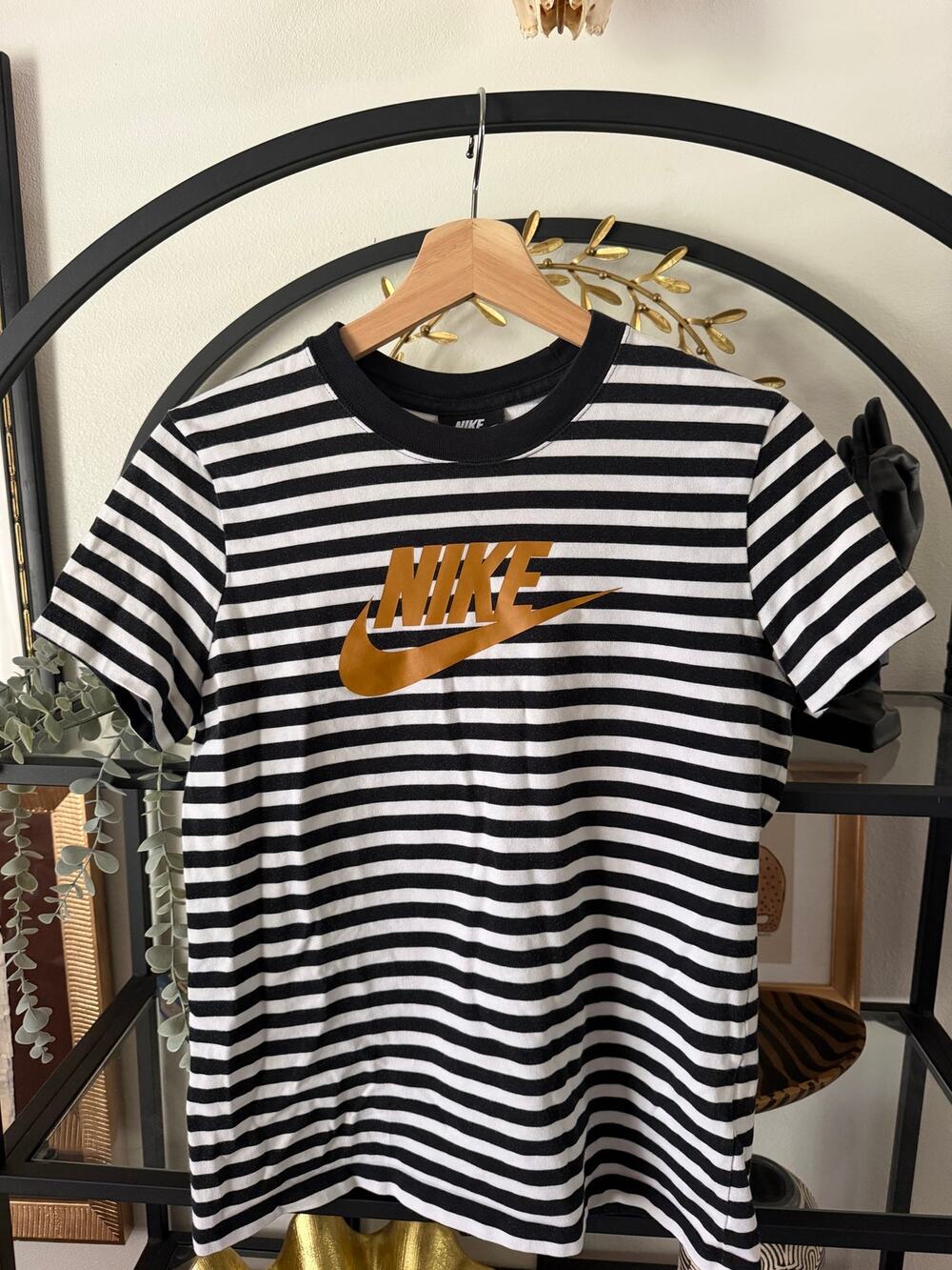 Nike Womens Small Striped T Shirt Black White Gold Logo Swoosh Crew Neck